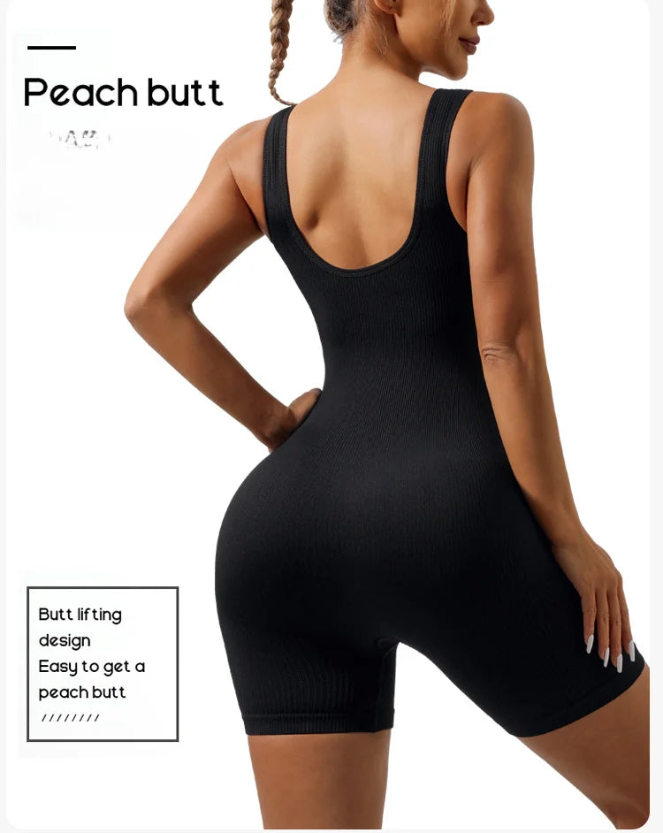 Seamless Threaded Sports Jumpsuit – Women’s Elastic Fitness & Yoga Onesie