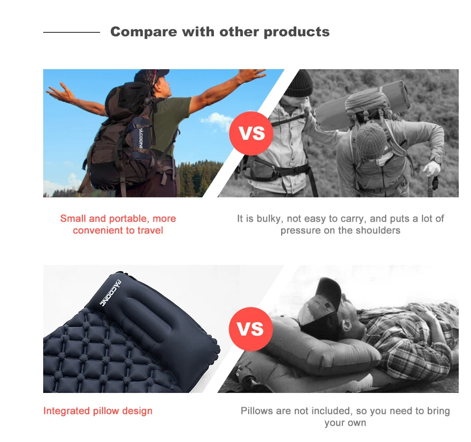 PACOONE Ultralight Camping Sleeping Pad – Folding Air Mattress with Pillow for Hiking & Travel