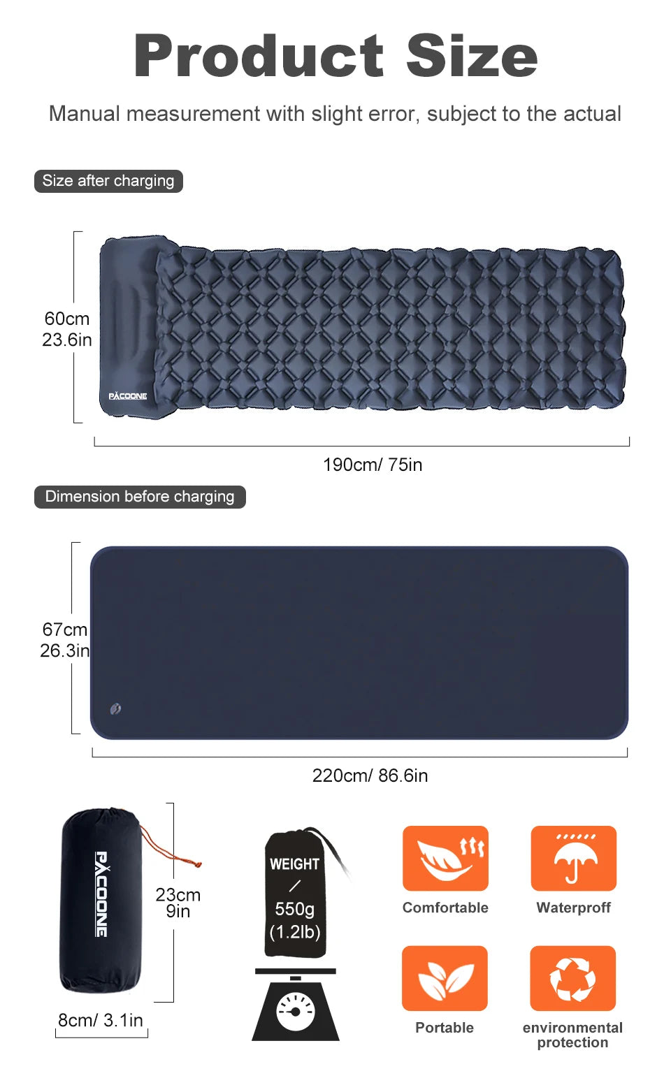PACOONE Ultralight Camping Sleeping Pad – Folding Air Mattress with Pillow for Hiking & Travel