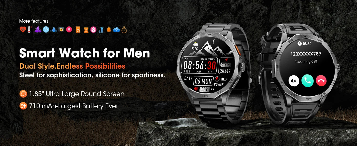 Karchilor Men’s Smartwatch – 1.85" HD Screen, Bluetooth Calling, IP68 Waterproof Fitness Watch