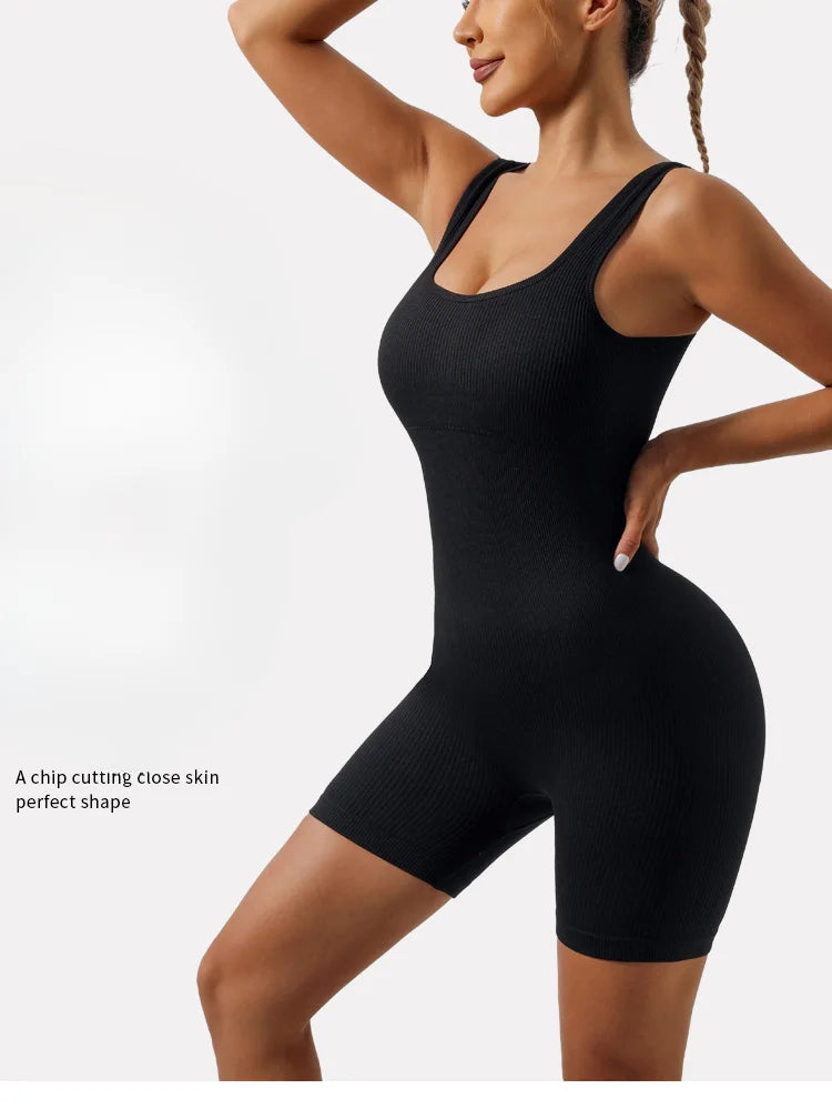 Seamless Threaded Sports Jumpsuit – Women’s Elastic Fitness & Yoga Onesie