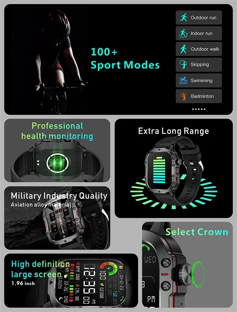 2024 Rugged Smartwatch for Men – 1.96" Bluetooth Call, 5ATM Waterproof, Fitness & Health Tracker