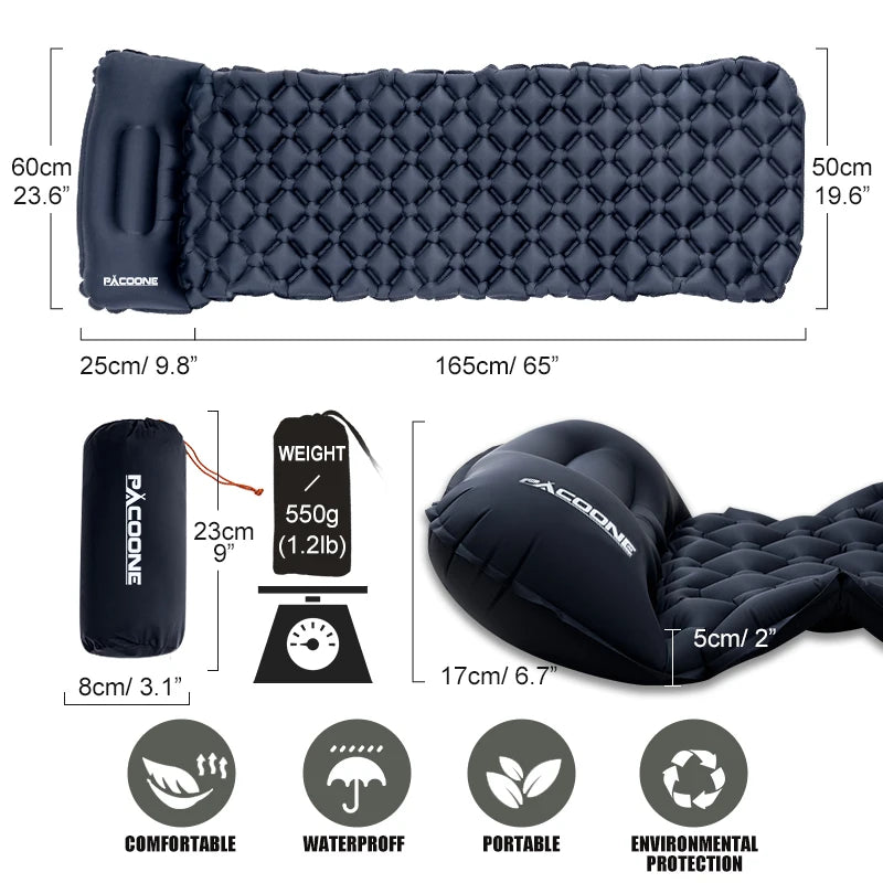 PACOONE Ultralight Camping Sleeping Pad – Folding Air Mattress with Pillow for Hiking & Travel