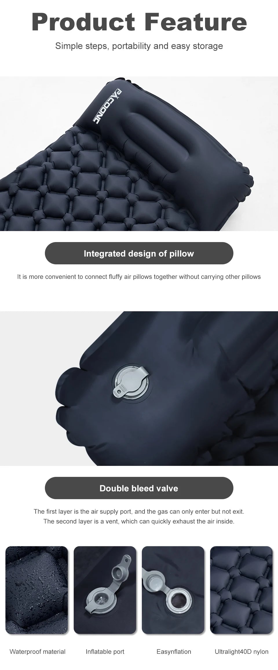 PACOONE Ultralight Camping Sleeping Pad – Folding Air Mattress with Pillow for Hiking & Travel