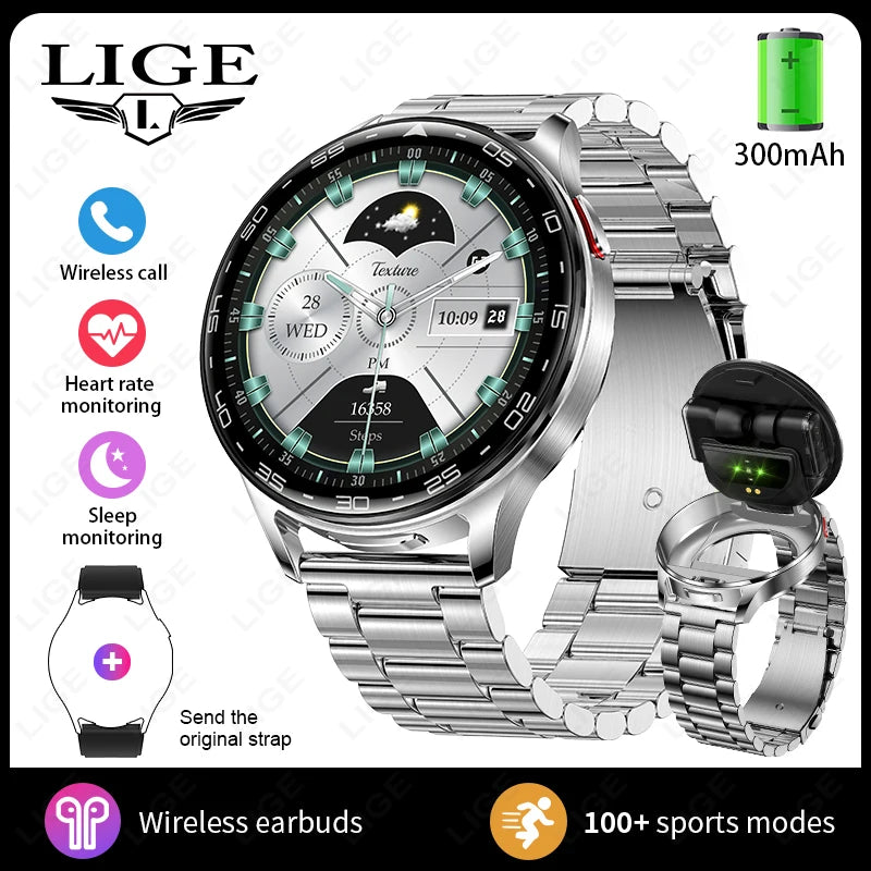 LIGE 2-in-1 Smartwatch with TWS Earbuds – Fitness Tracker with Music & Health Monitoring