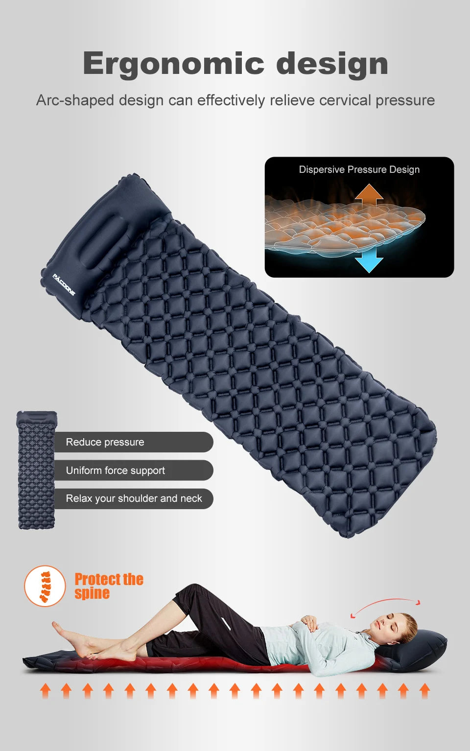 PACOONE Ultralight Camping Sleeping Pad – Folding Air Mattress with Pillow for Hiking & Travel