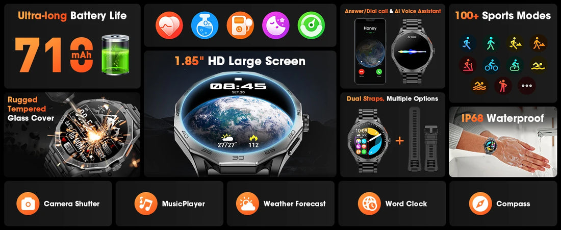 Karchilor Men’s Smartwatch – 1.85" HD Screen, Bluetooth Calling, IP68 Waterproof Fitness Watch