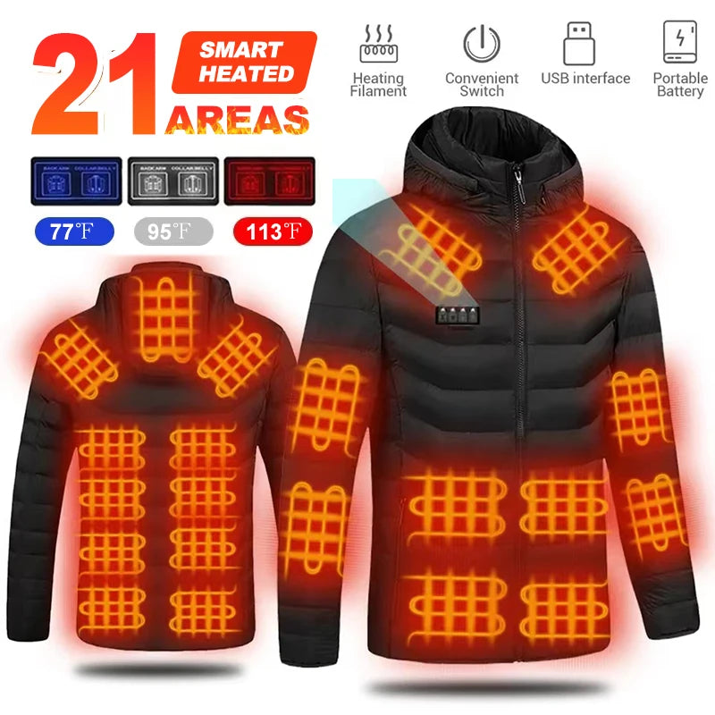 21-Zone USB Heated Jacket – Winter Heating Vest for Men & Women, Washable Outdoor Coat