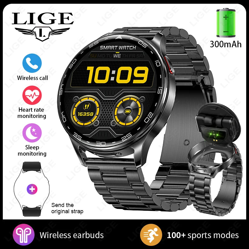 LIGE 2-in-1 Smartwatch with TWS Earbuds – Fitness Tracker with Music & Health Monitoring